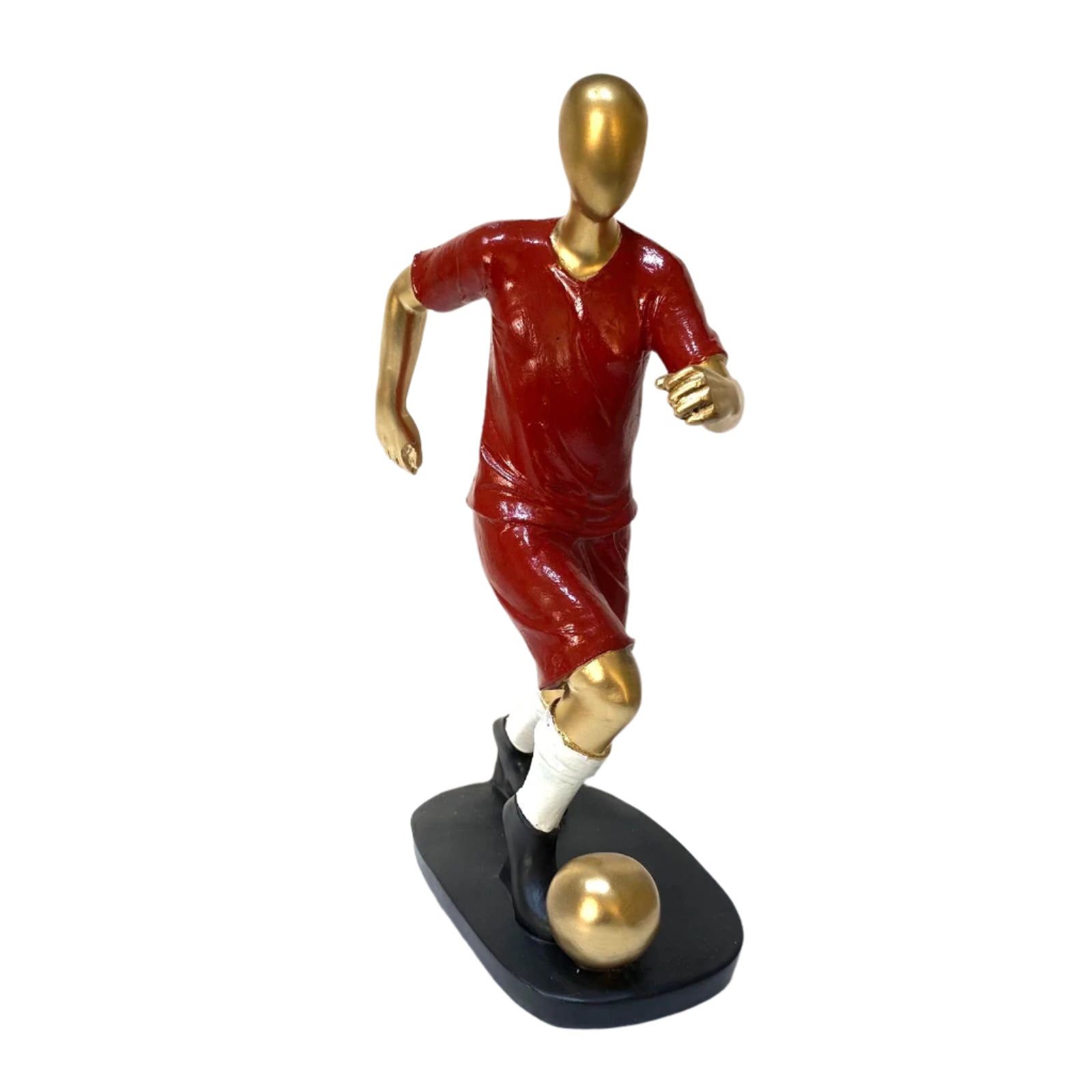 Statue of a soccer player in red and gold attire on a white background