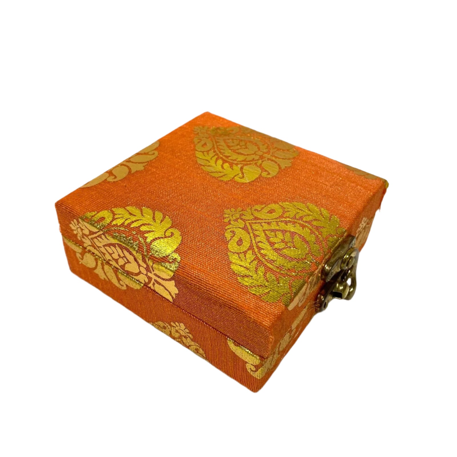 Orange fabric box with gold patterns on a white background
