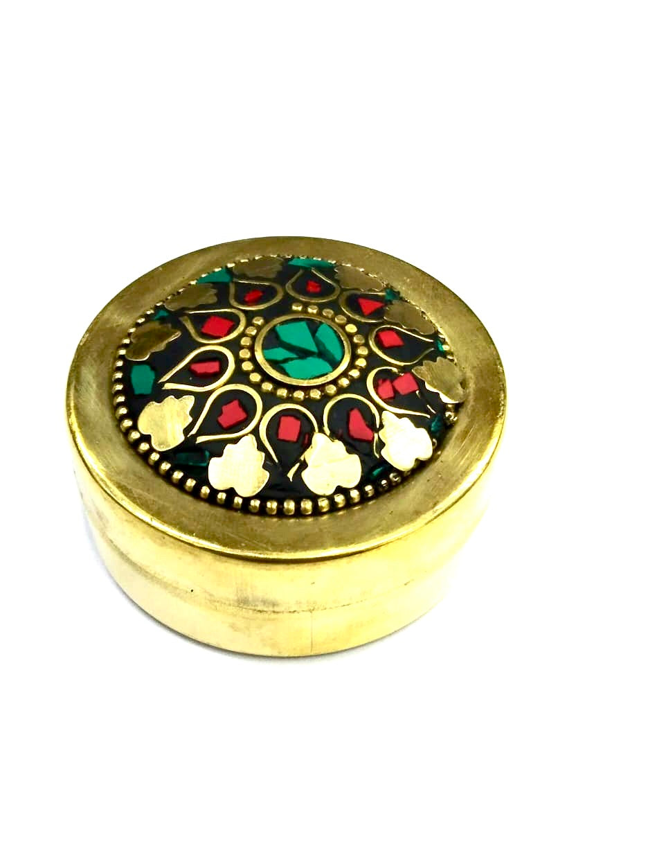 Brass Gemstone Art Dibbi For Storage Of Jewelry Gifting Handcrafted Tamrapatra