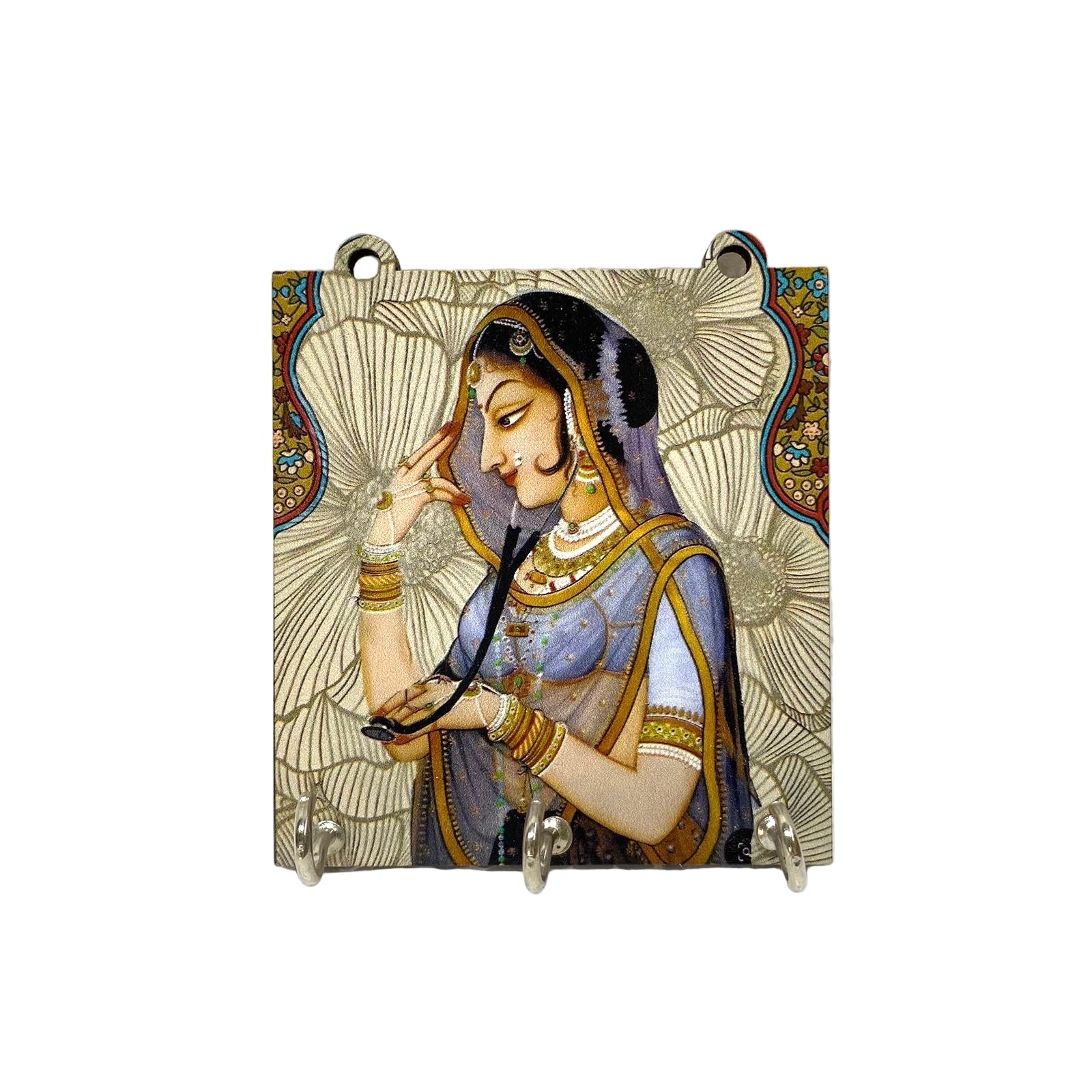 Decorative tile with a stylized depiction of a woman holding a fan on a textured white background