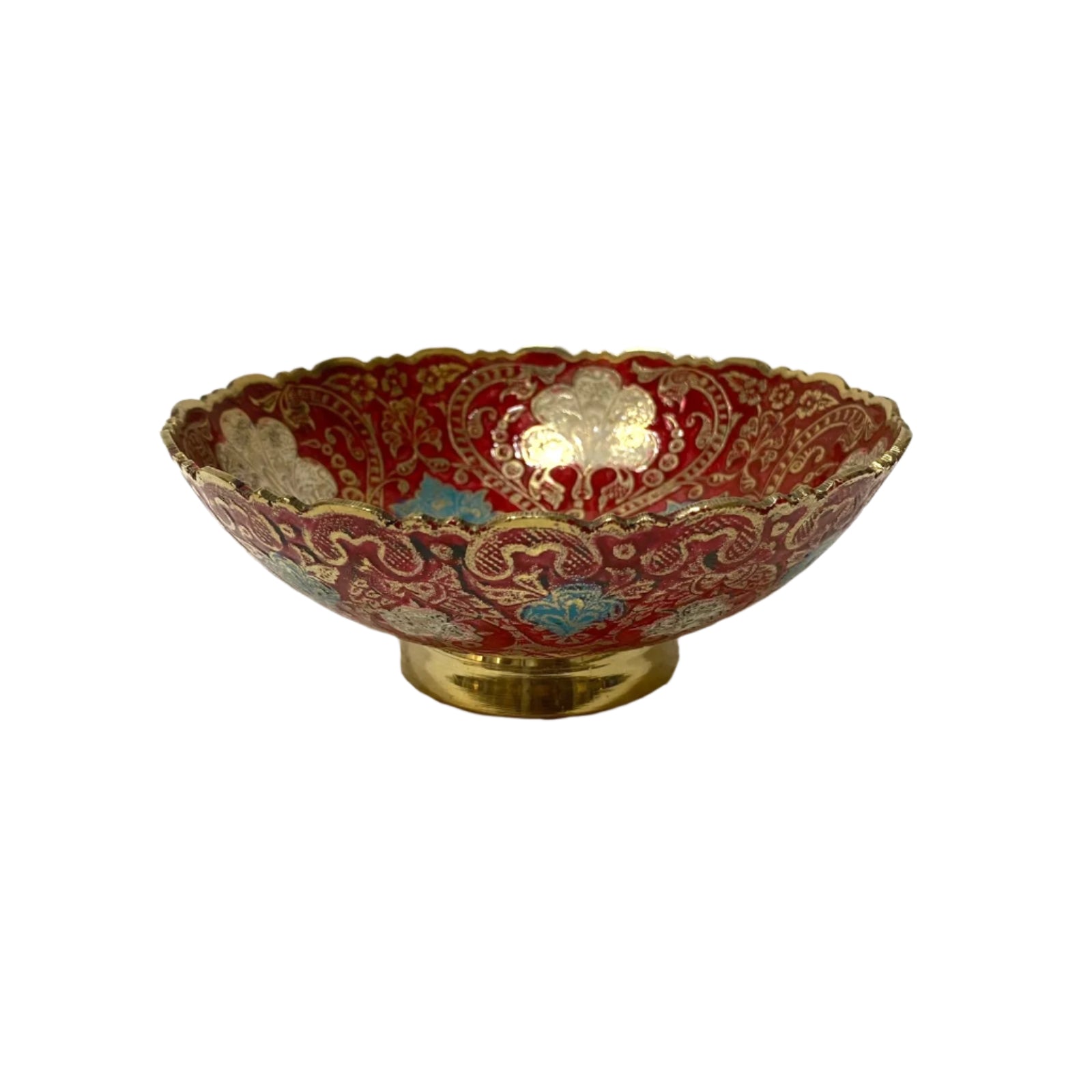 Decorative bowl with intricate patterns on a white background