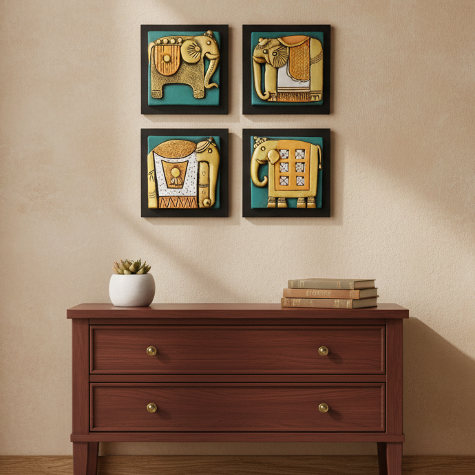 Royal Elephant Handcrafted Terracotta With MDF Set Of 4 Décor By Tamrapatra - Tamrapatra