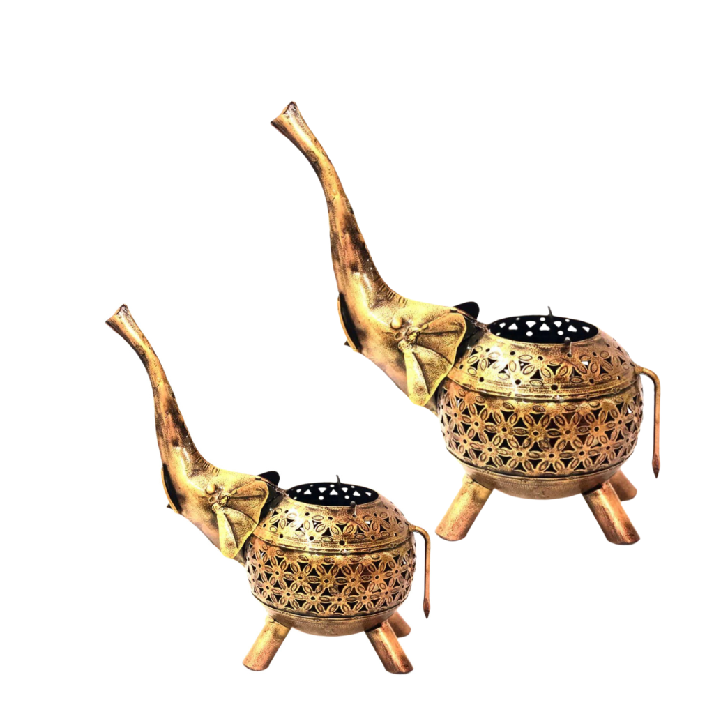 Iron Carved Elephant Tea Light Up Trunk Attractive Shape Excellence By Tamrapatra - Tamrapatra