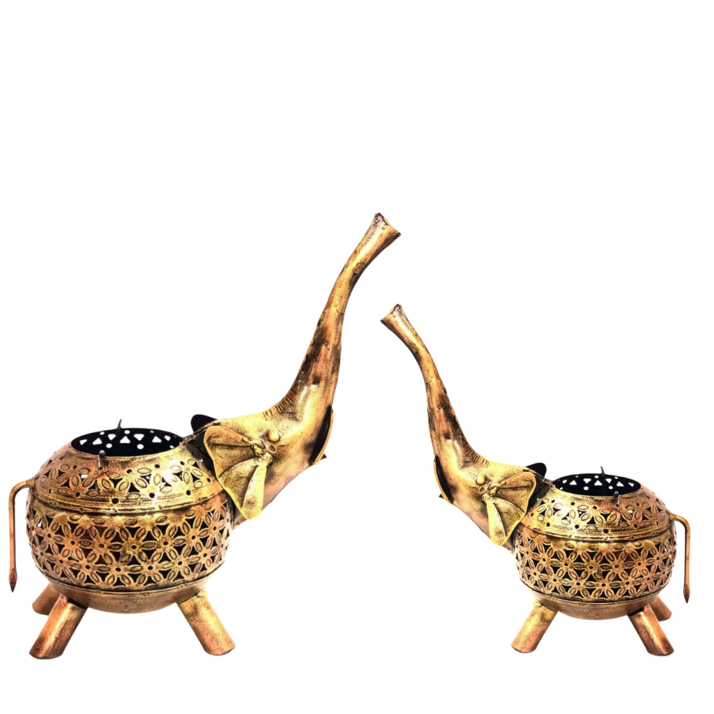 Iron Carved Elephant Tea Light Up Trunk Attractive Shape Excellence By Tamrapatra