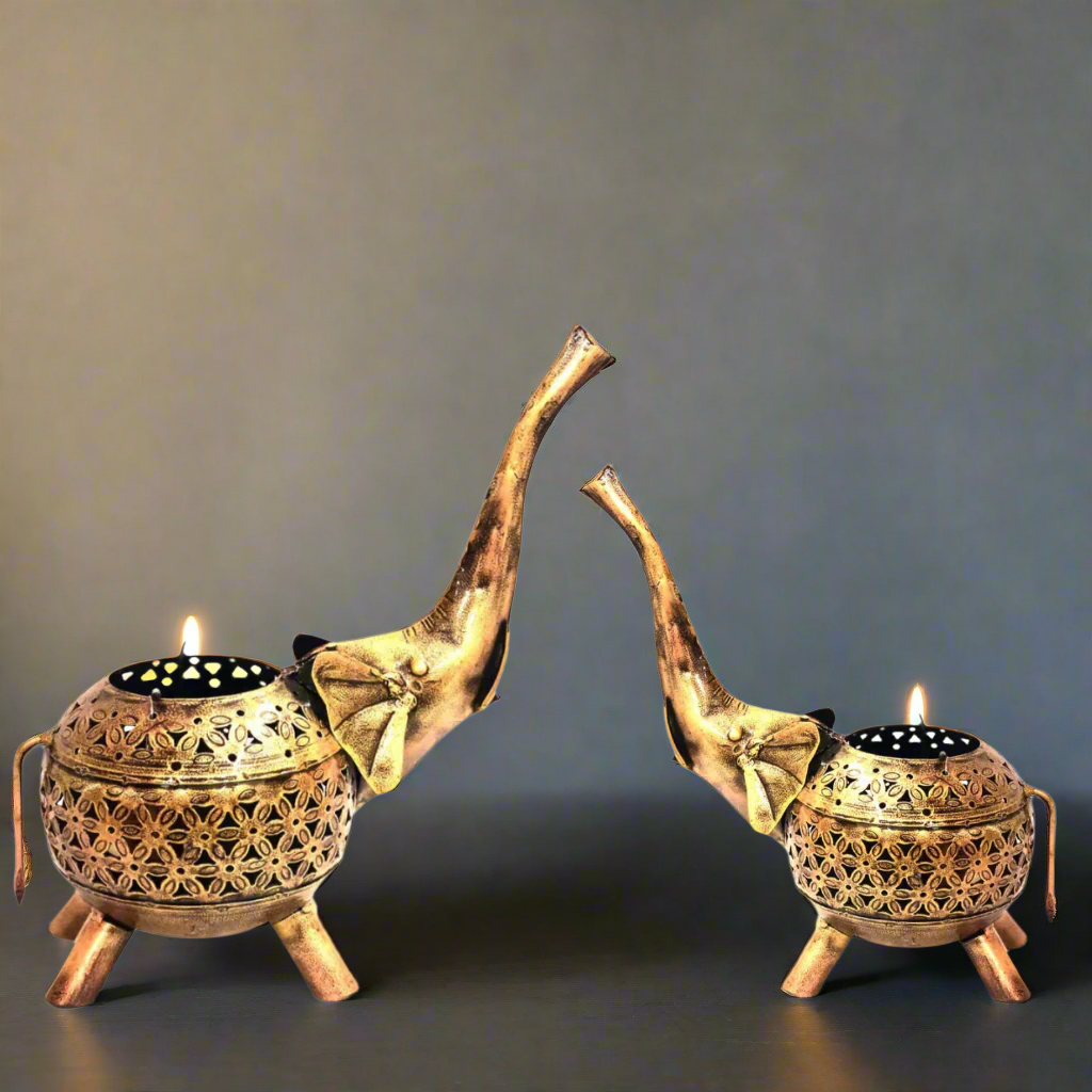 Iron Carved Elephant Tea Light Up Trunk Attractive Shape Excellence By Tamrapatra