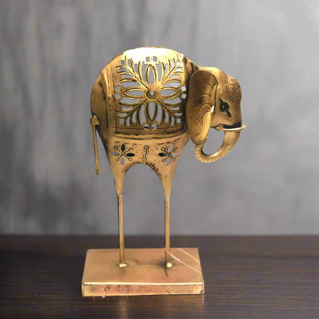 Standing Elephant Metal Art With Candle Holder Dazzling Artefacts Tamrapatra