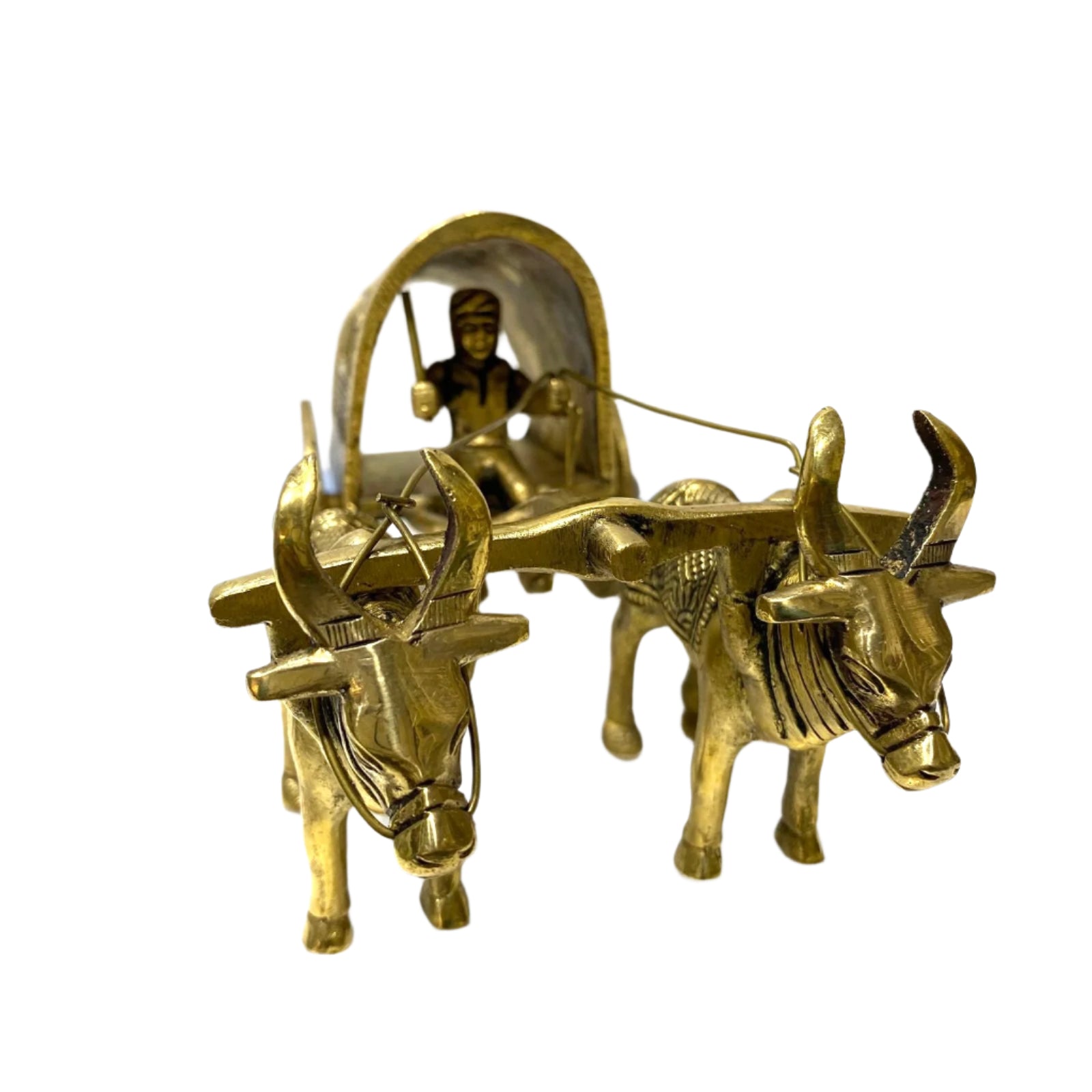 Brass sculpture of two bulls pulling a chariot with a driver on a white background