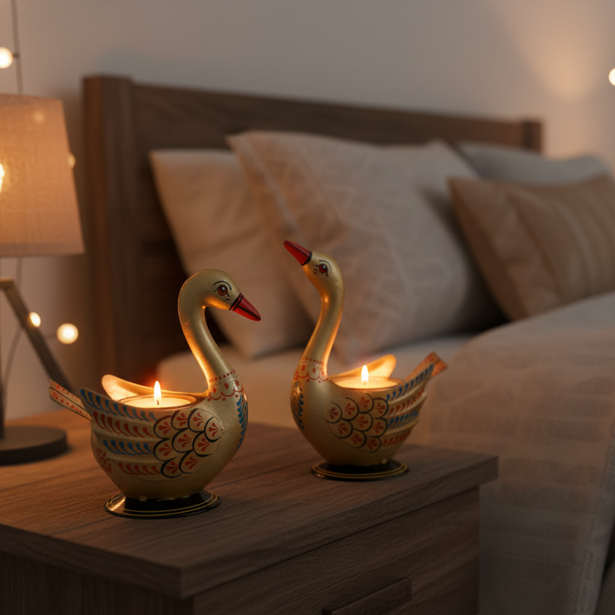Classic Swan Tea Light Holders With Glass Set Of 2 Handcrafted By Tamrapatra - Tamrapatra