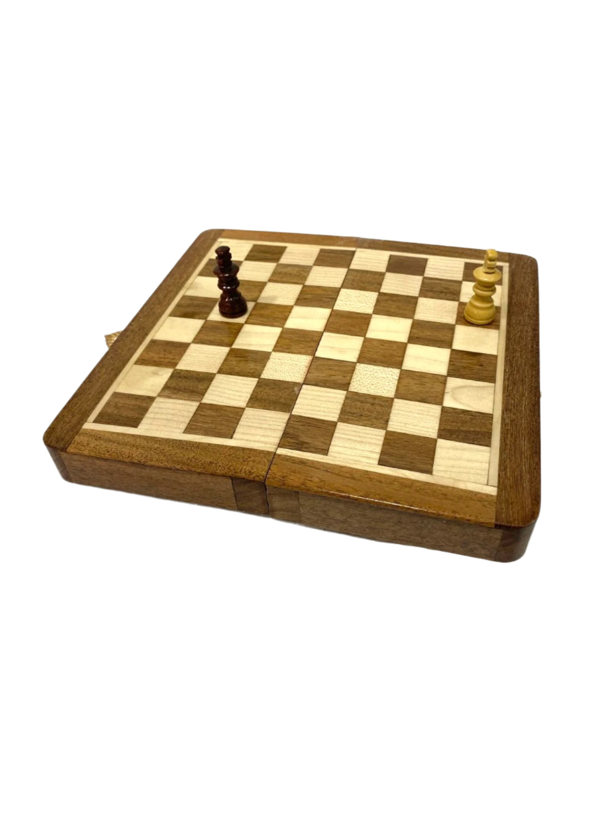 Wooden chessboard with two pieces on a white background