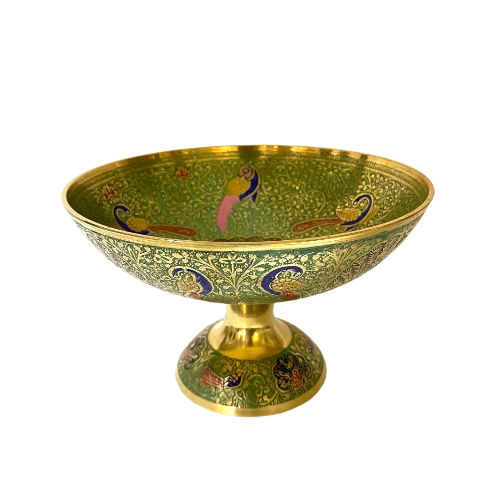 Decorative green and gold bowl with peacock designs on a white background