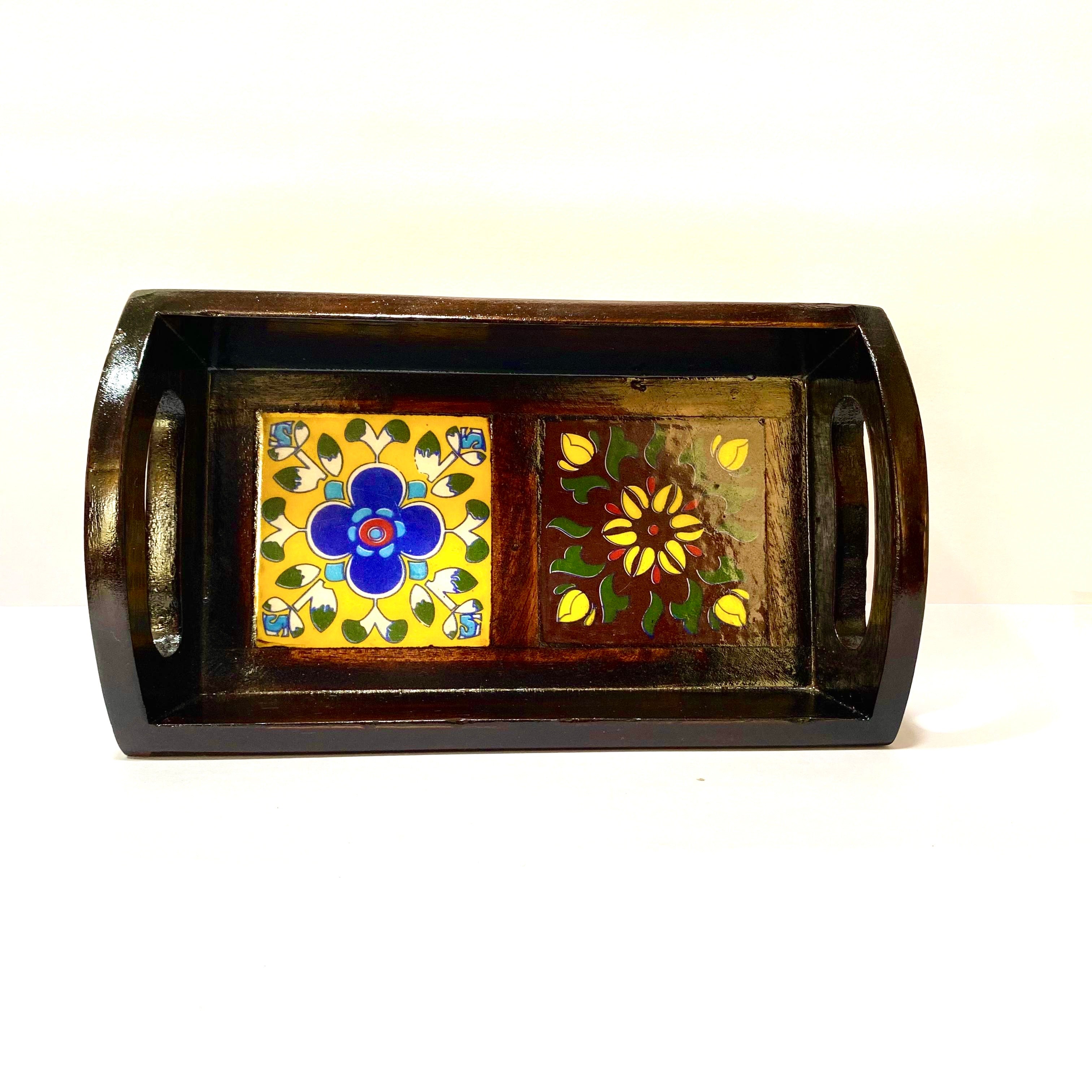 Flower Designed With Blue Pottery Tiles Handcrafted Kitchen Utility By Tamrapatra