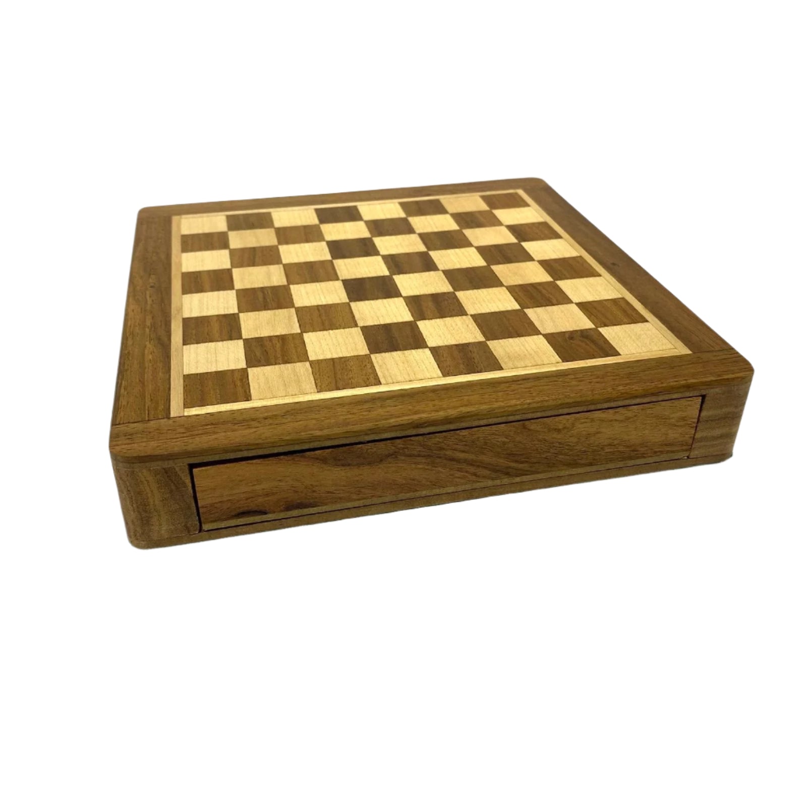 Wooden chessboard with checkered pattern on a white background