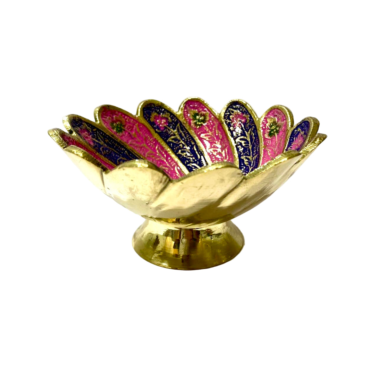 Decorative bowl with gold base and colorful pink and blue interior on a white background