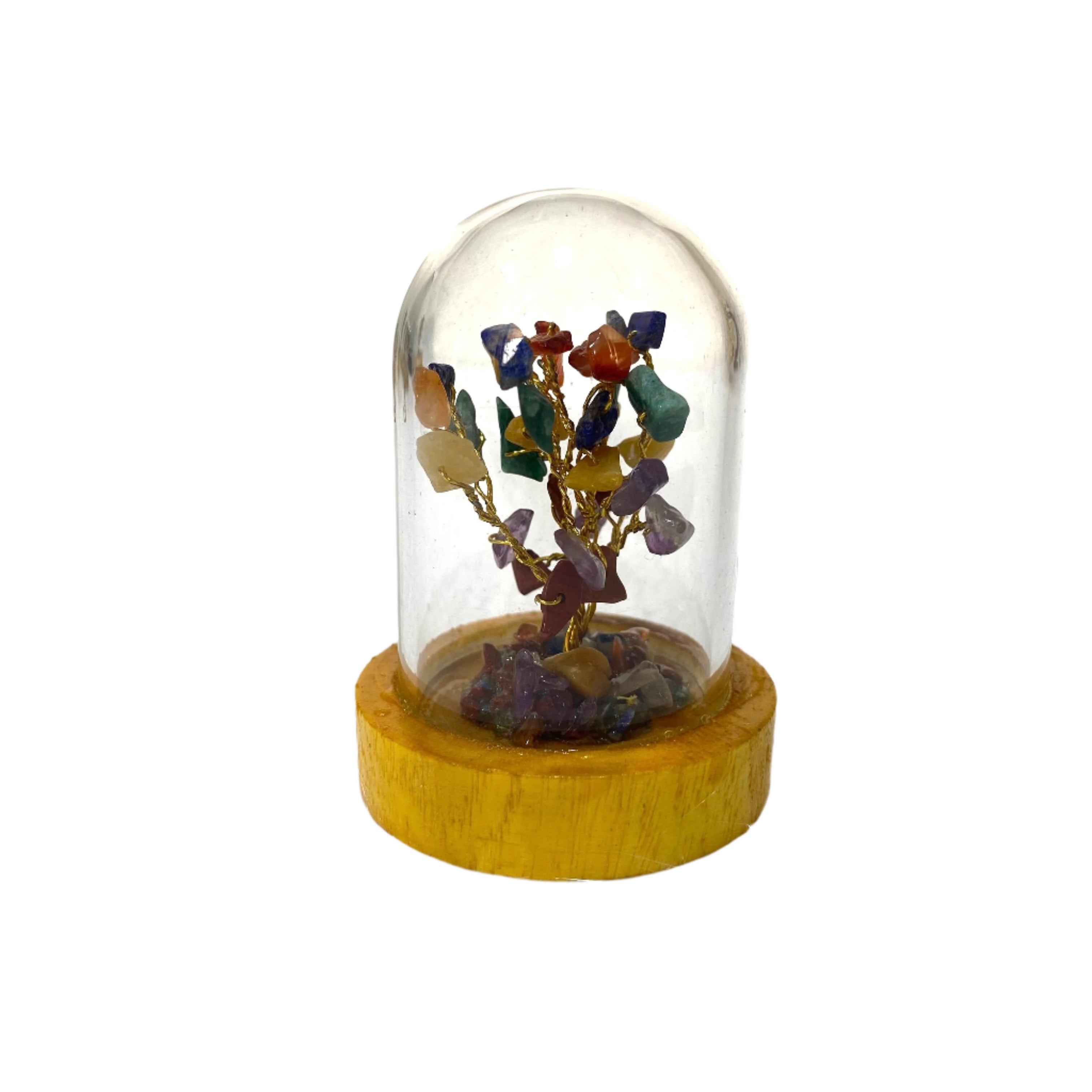 Decorative tree made of multicolored stones inside a glass dome on a wooden base.