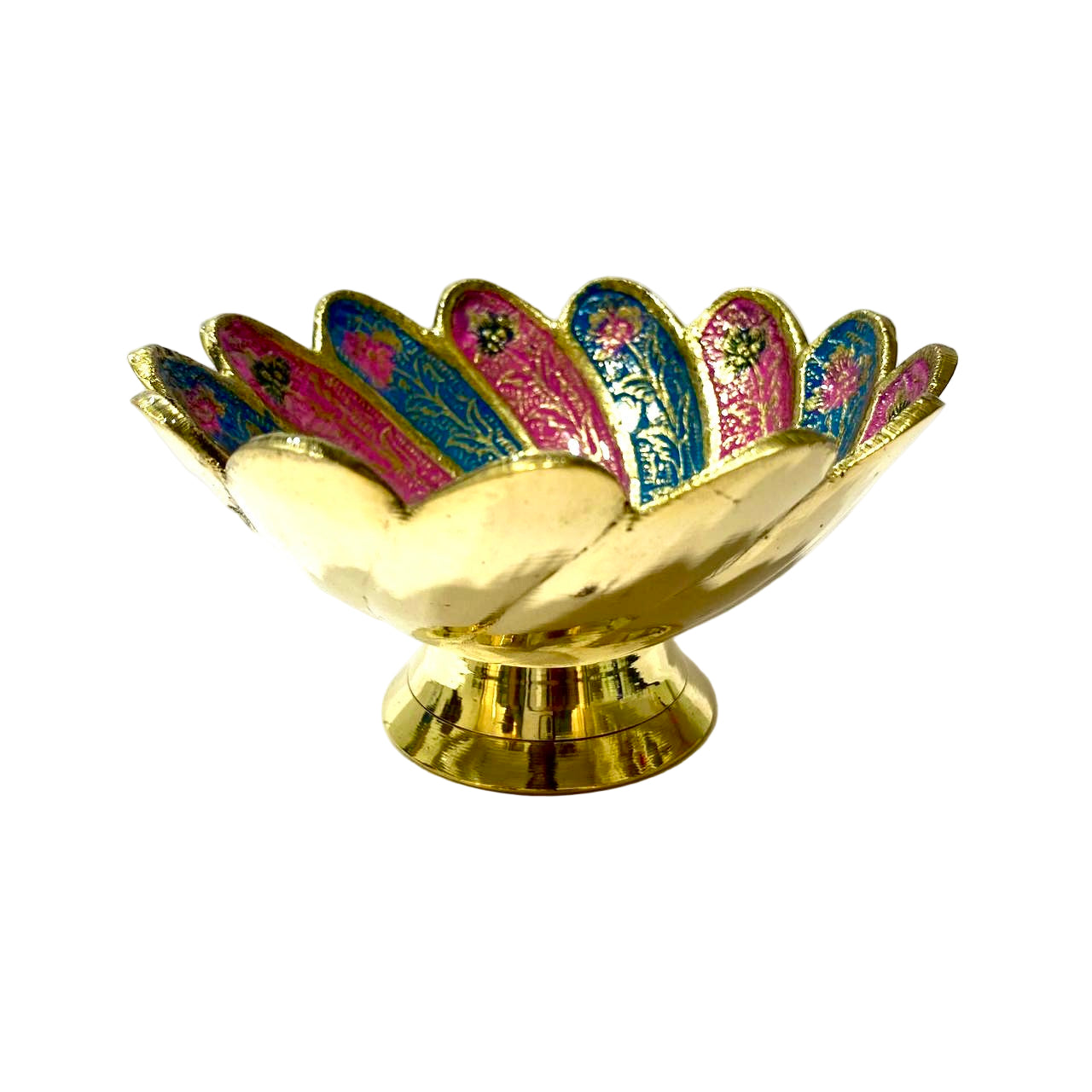 Decorative bowl with gold base and colorful floral patterns on a white background