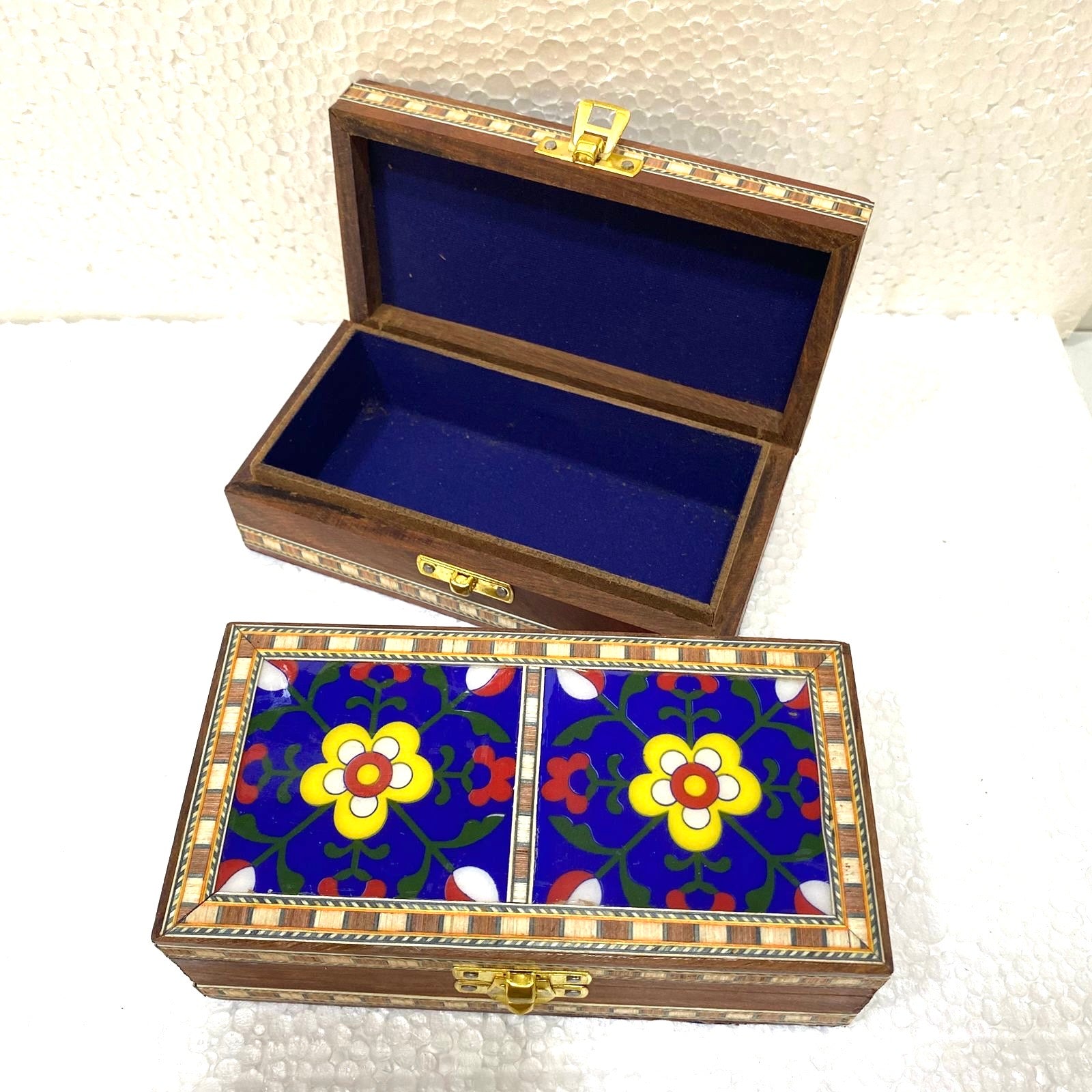 Two Tile Storage Box Wooden Blue pottery in Various Shades By Tamrapatra