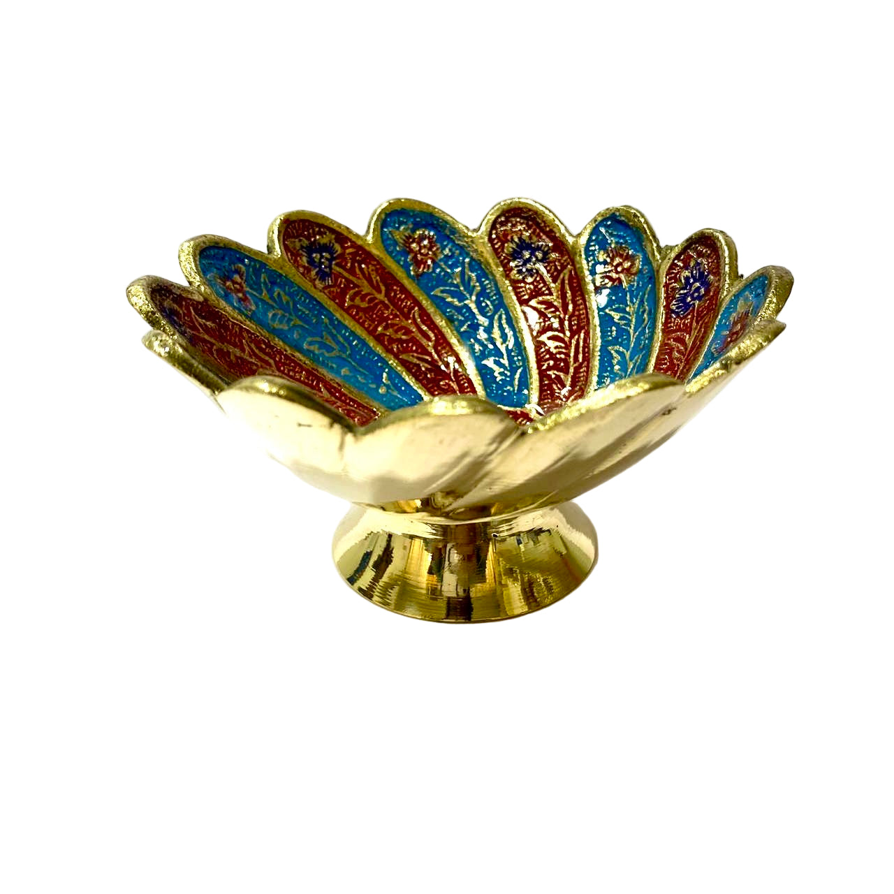Decorative bowl with gold base and multicolored top on a white background