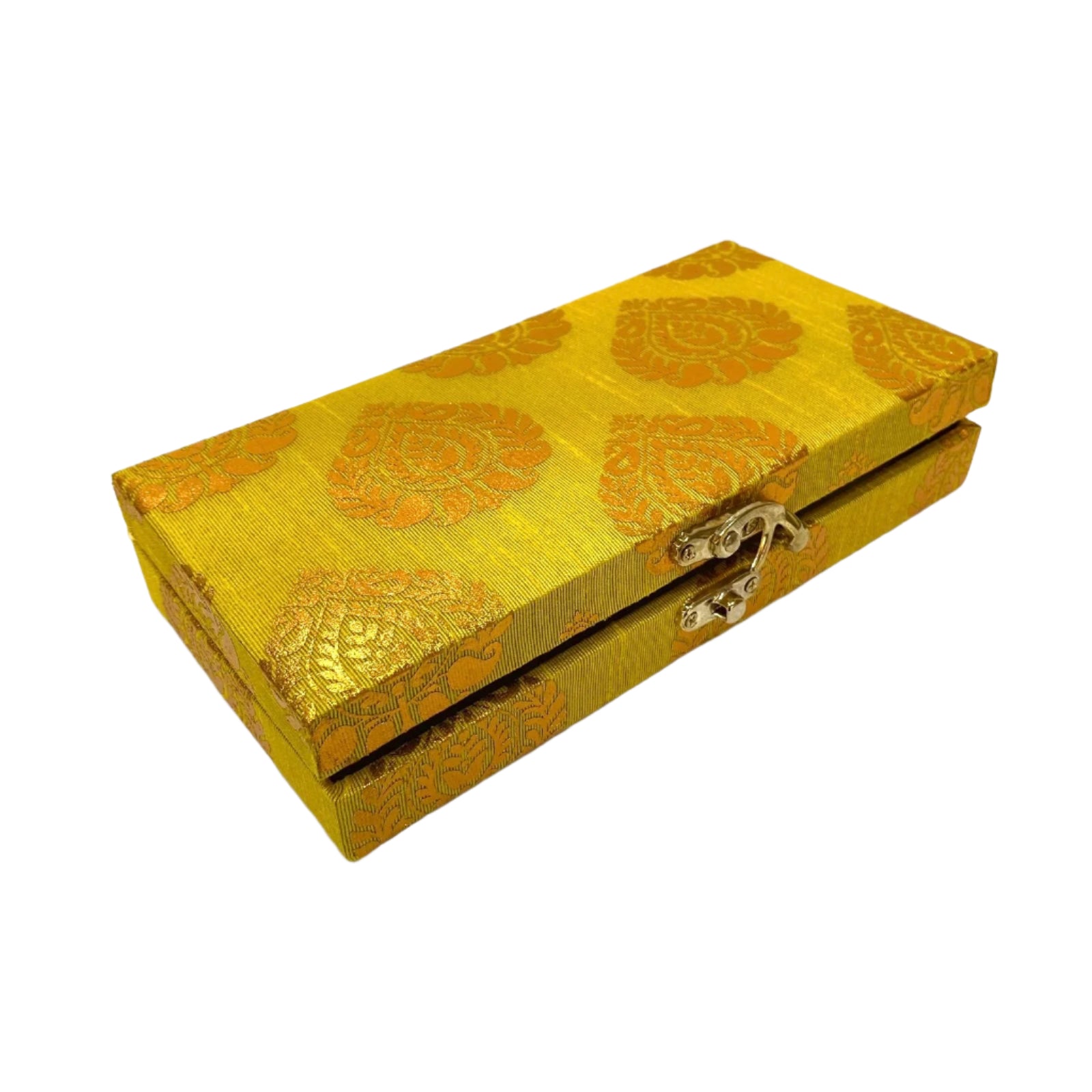 Gold jewelry box with intricate patterns on a white background