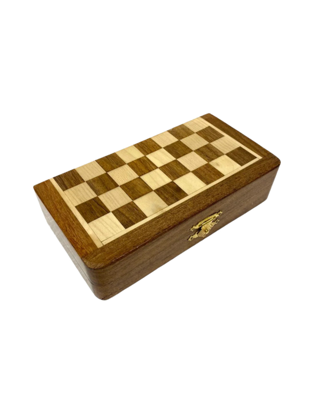Wooden chess box with checkered pattern on a white surface