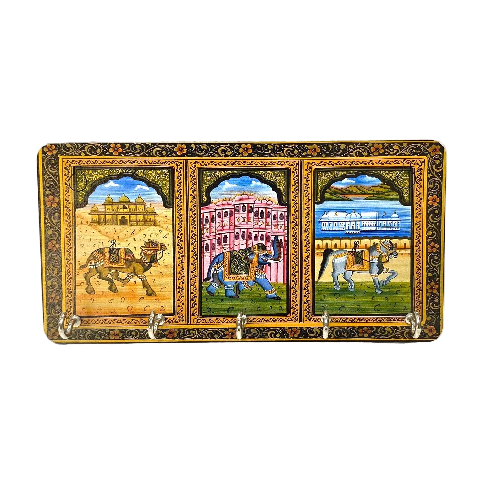 Decorative wall plaque with three scenic illustrations on a white background
