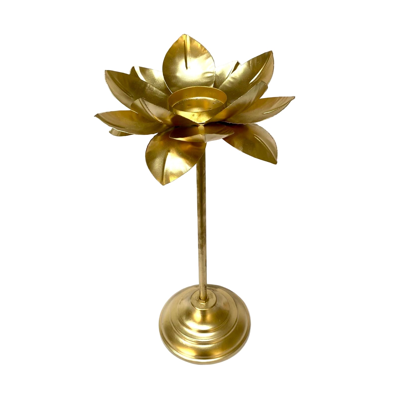 Gold lotus flower candle holder on a white background