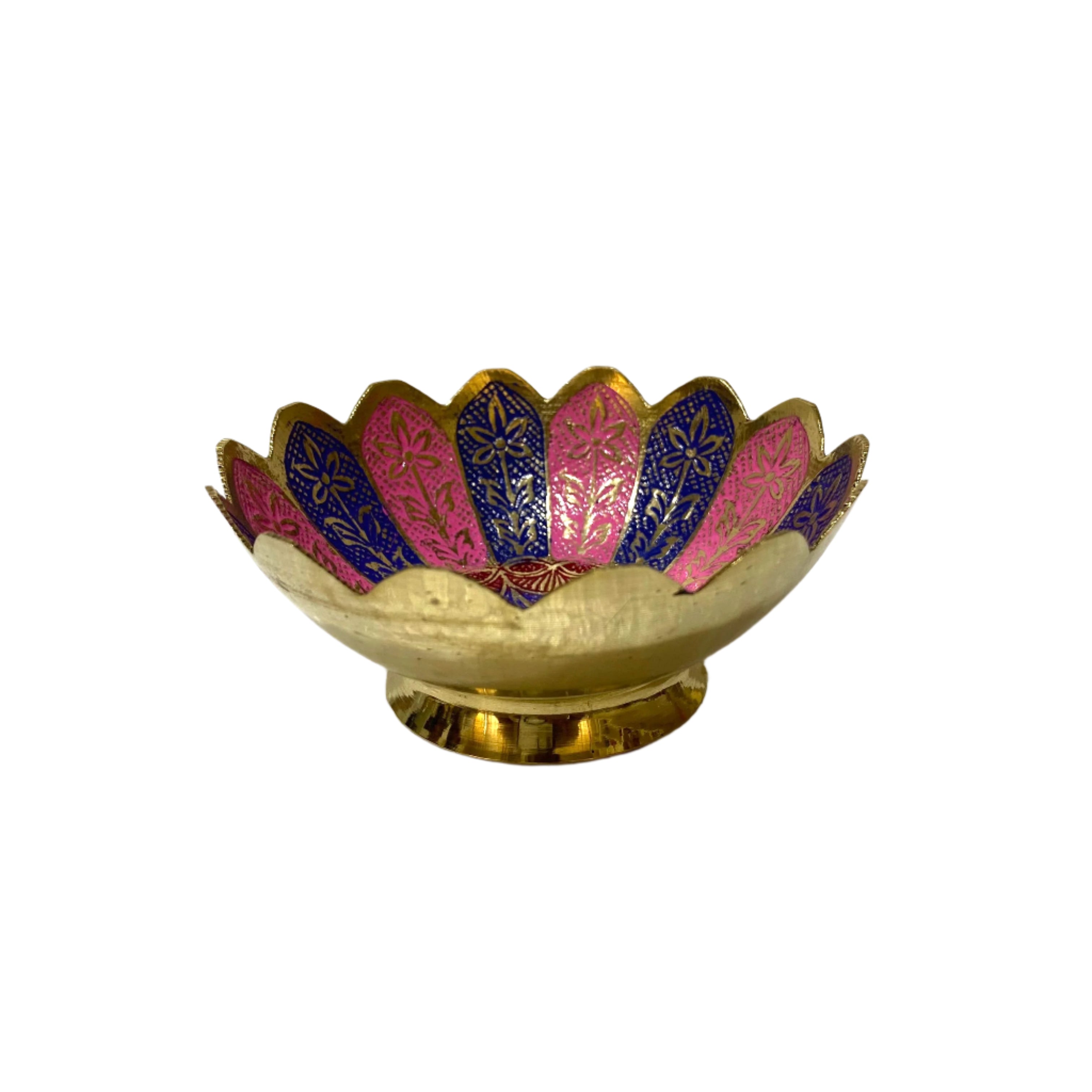 Decorative bowl with gold and pink patterns on a white background