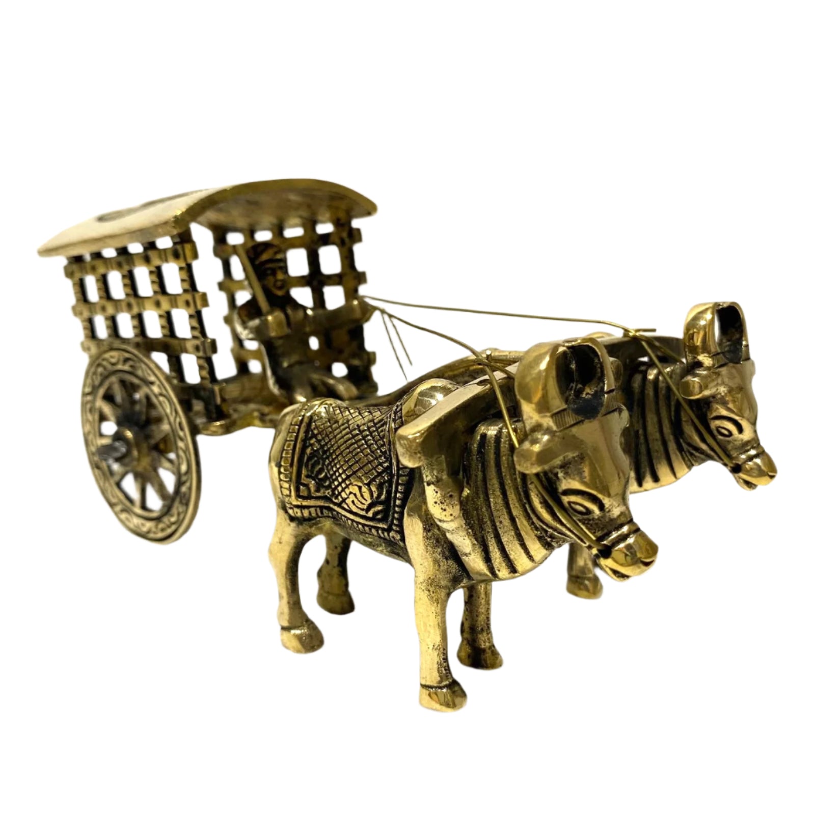 Bronze-colored model of two oxen pulling a cart on a white background