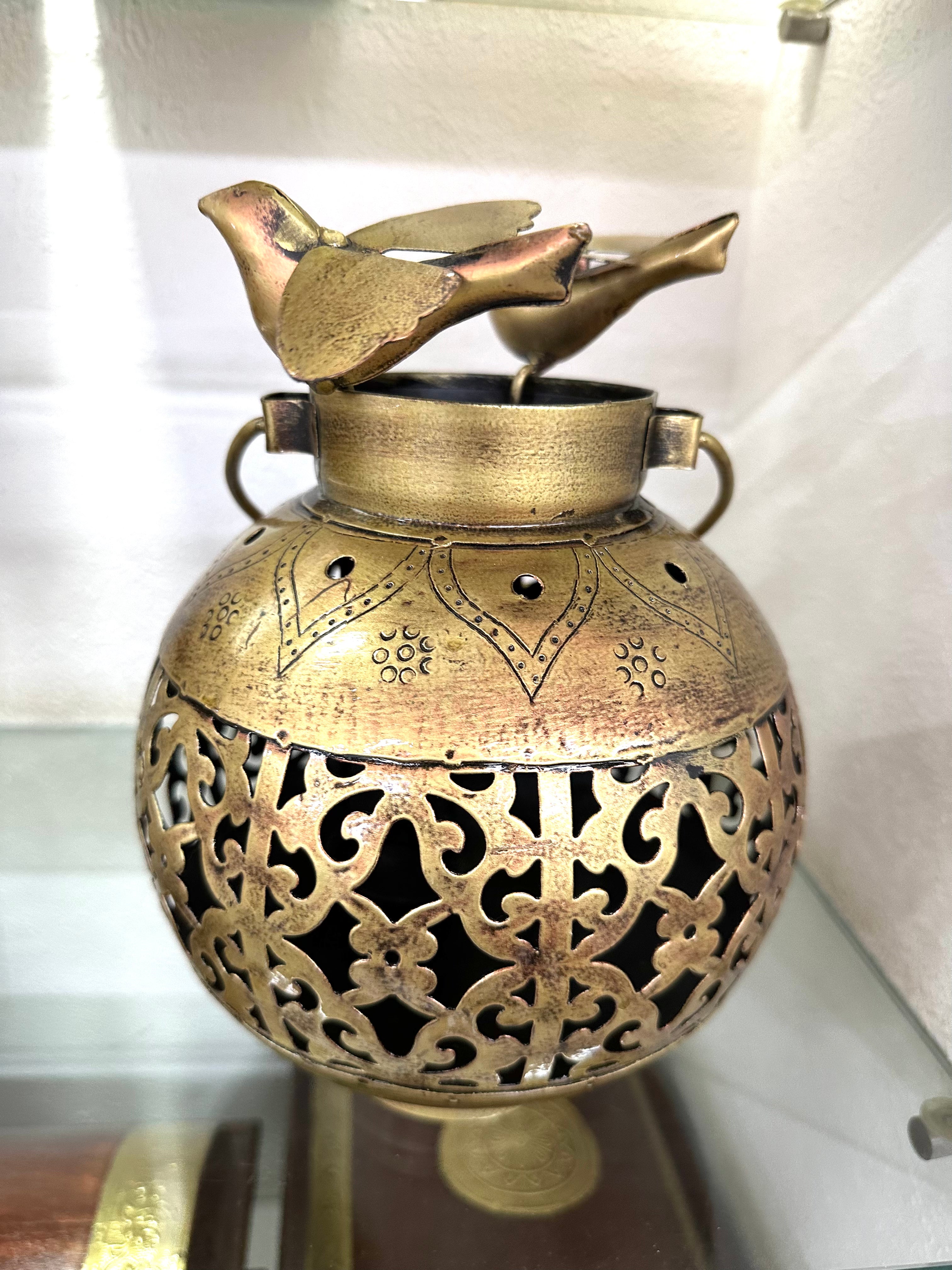 Unremarkable Metal Candle Holder With Sweet Birds Sitting Tamrapatra