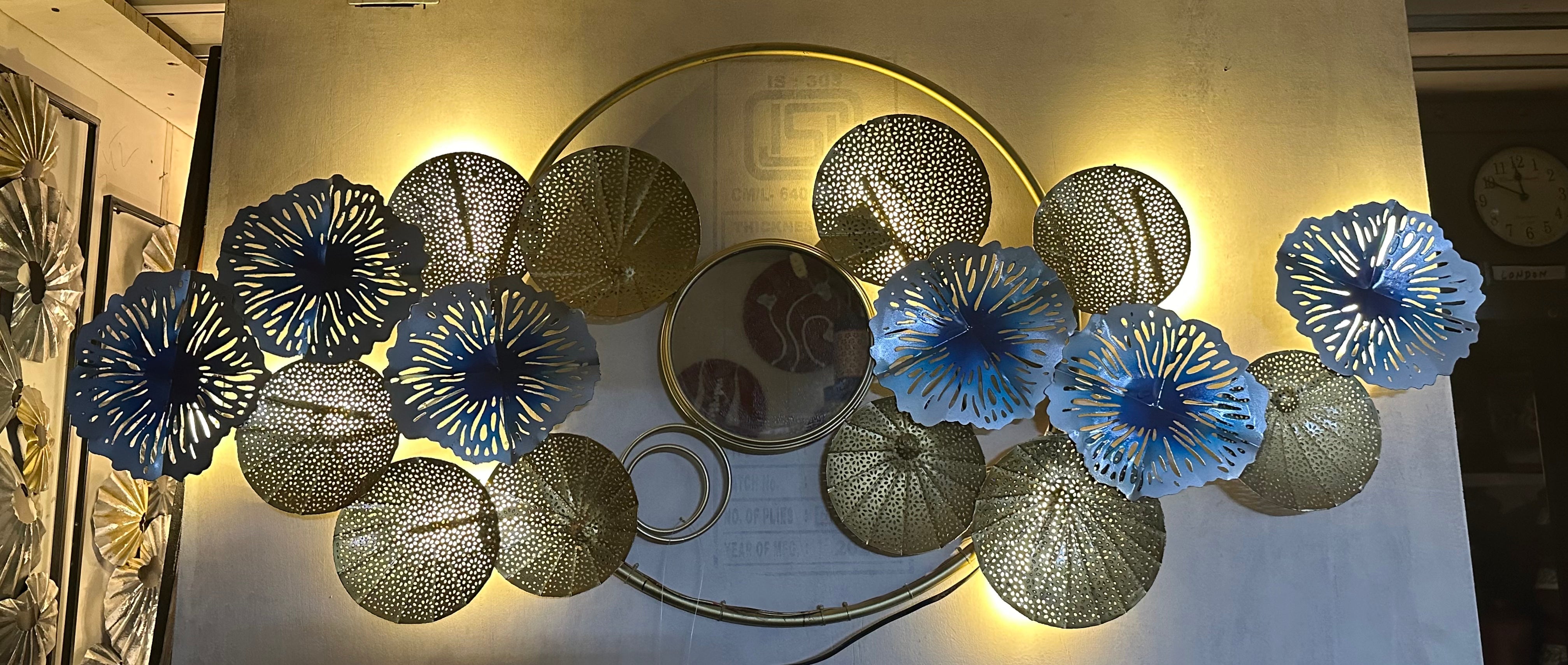 Blue Gold Floral Mural Metal Art With Mirror & LED Lights Handcrafted By Tamrapatra