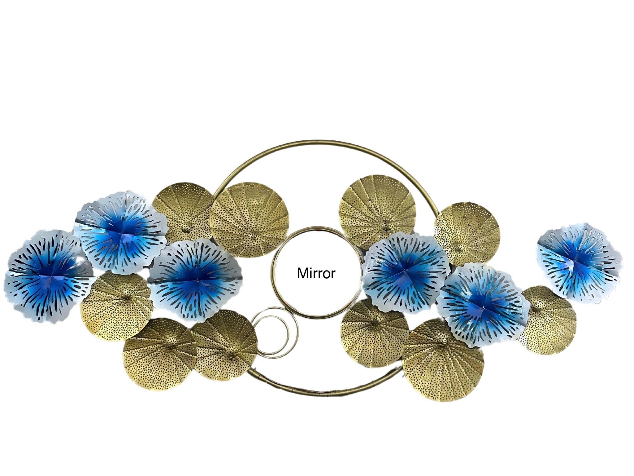 Blue Gold Floral Mural Metal Art With Mirror & LED Lights Handcrafted By Tamrapatra