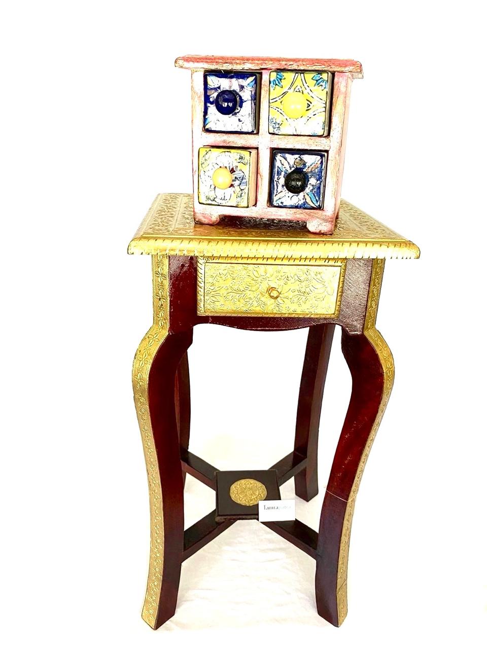 Wooden Sleek & Stylish Wooden Brass Stool For Corner With Drawer By Tamrapatra