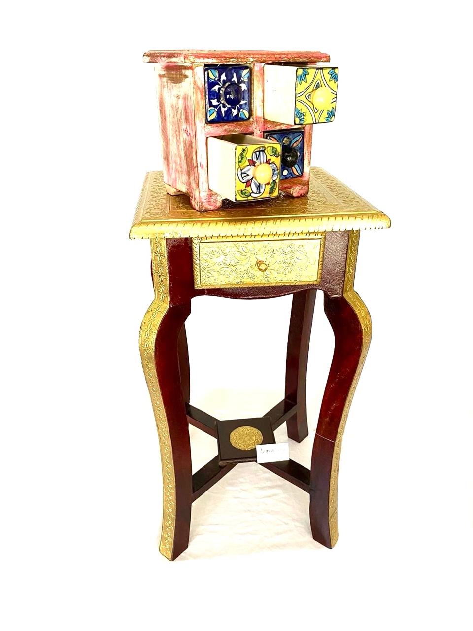 Wooden Sleek & Stylish Wooden Brass Stool For Corner With Drawer By Tamrapatra