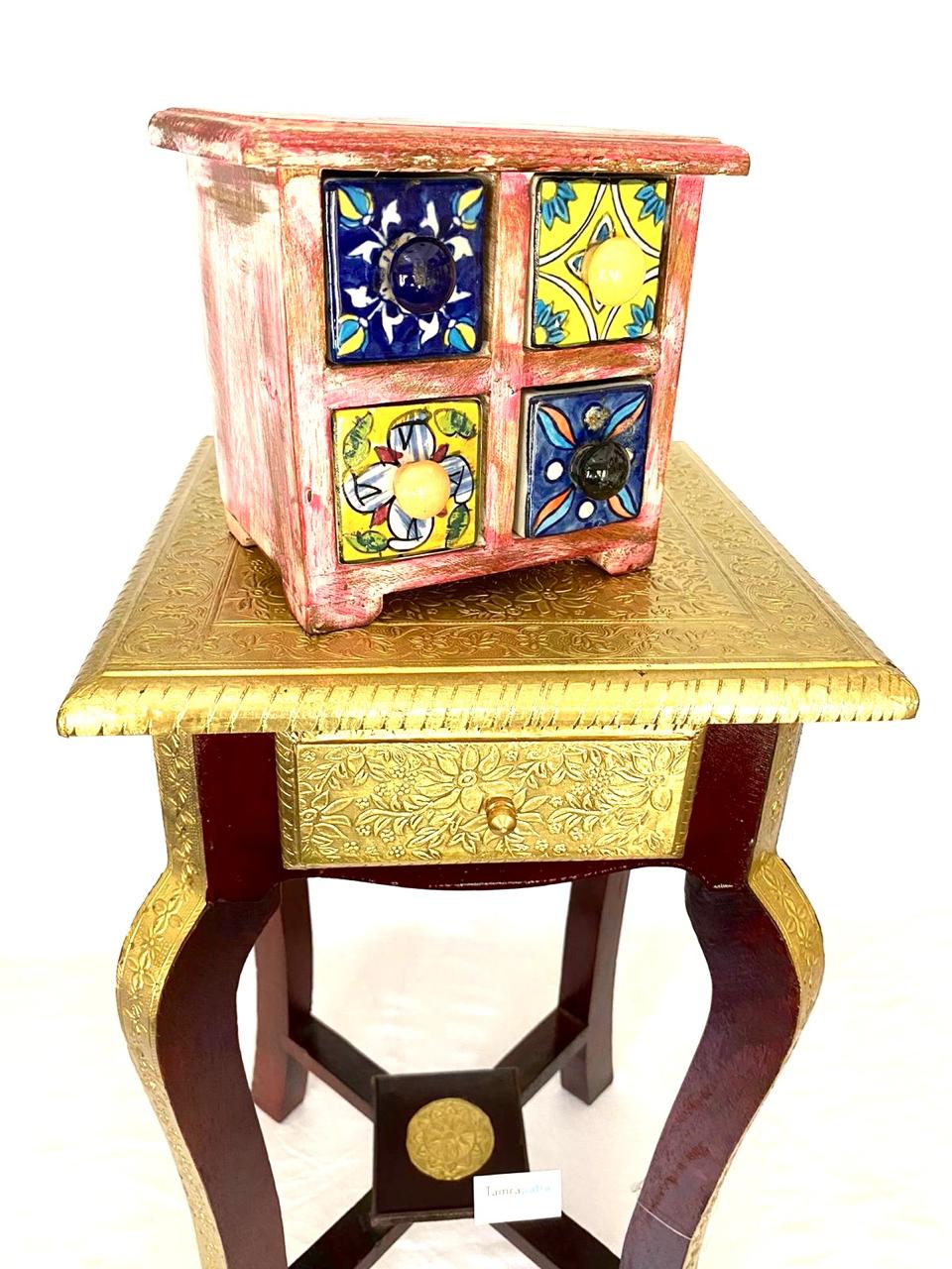 Wooden Sleek & Stylish Wooden Brass Stool For Corner With Drawer By Tamrapatra