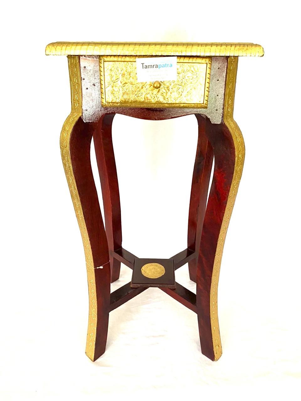 Wooden Sleek & Stylish Wooden Brass Stool For Corner With Drawer By Tamrapatra