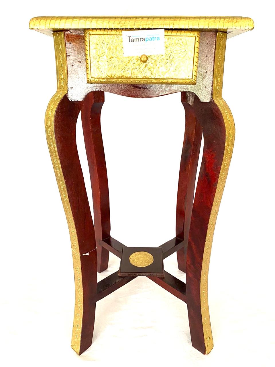 Wooden Sleek & Stylish Wooden Brass Stool For Corner With Drawer By Tamrapatra