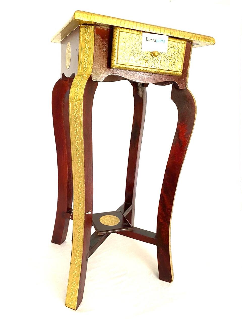 Wooden Sleek & Stylish Wooden Brass Stool For Corner With Drawer By Tamrapatra