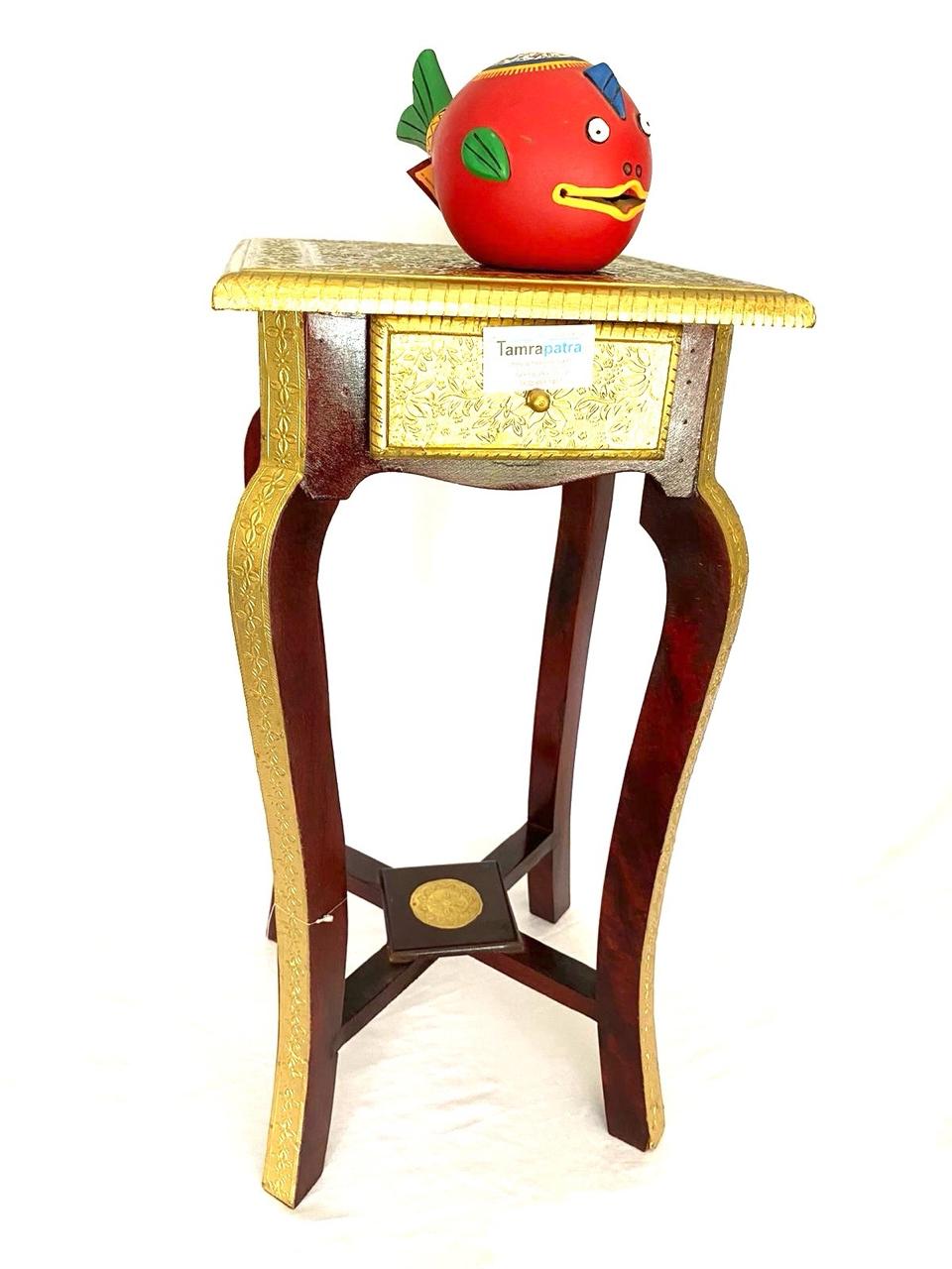 Wooden Sleek & Stylish Wooden Brass Stool For Corner With Drawer By Tamrapatra