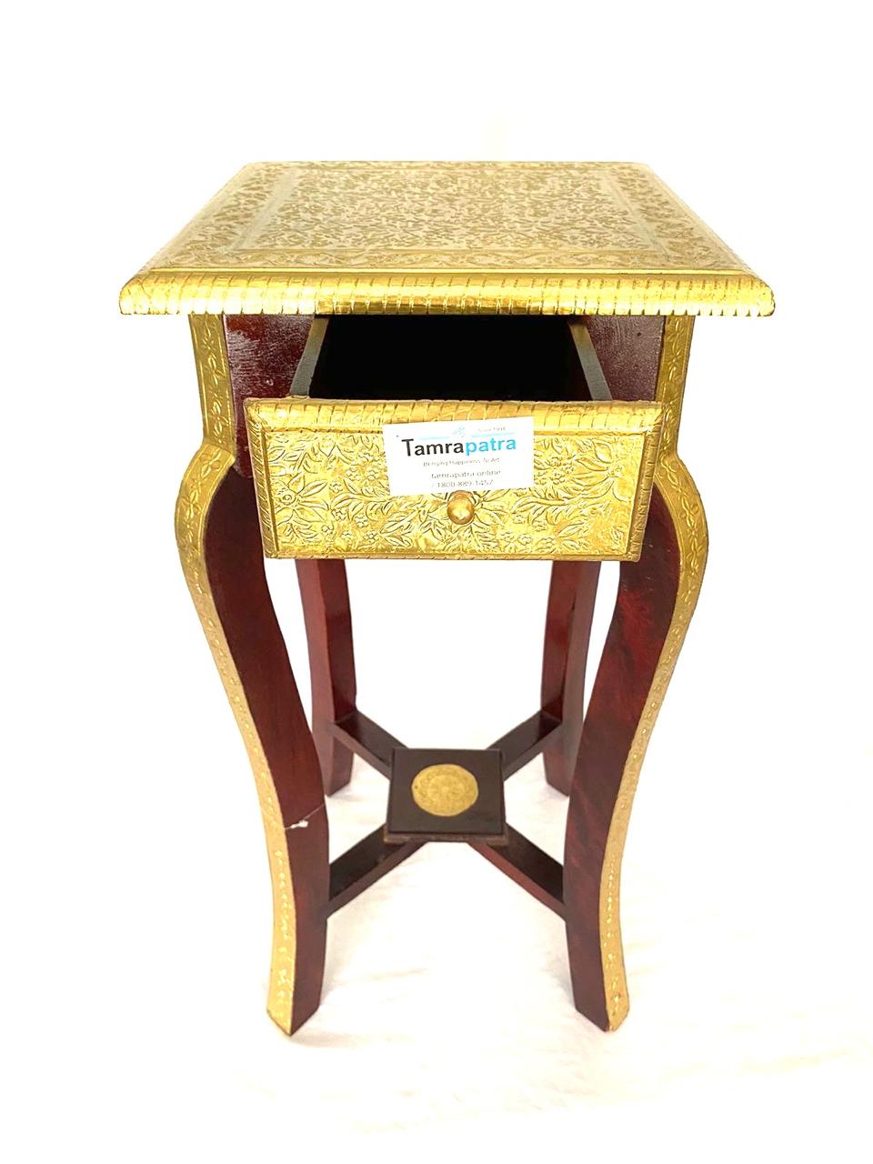 Wooden Sleek & Stylish Wooden Brass Stool For Corner With Drawer By Tamrapatra
