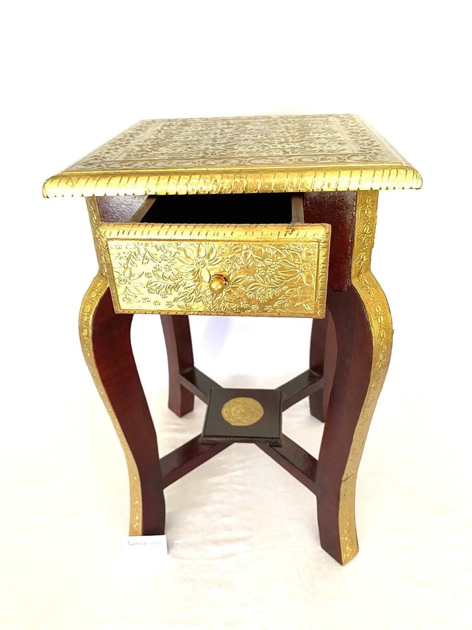 Wooden Sleek & Stylish Wooden Brass Stool For Corner With Drawer By Tamrapatra