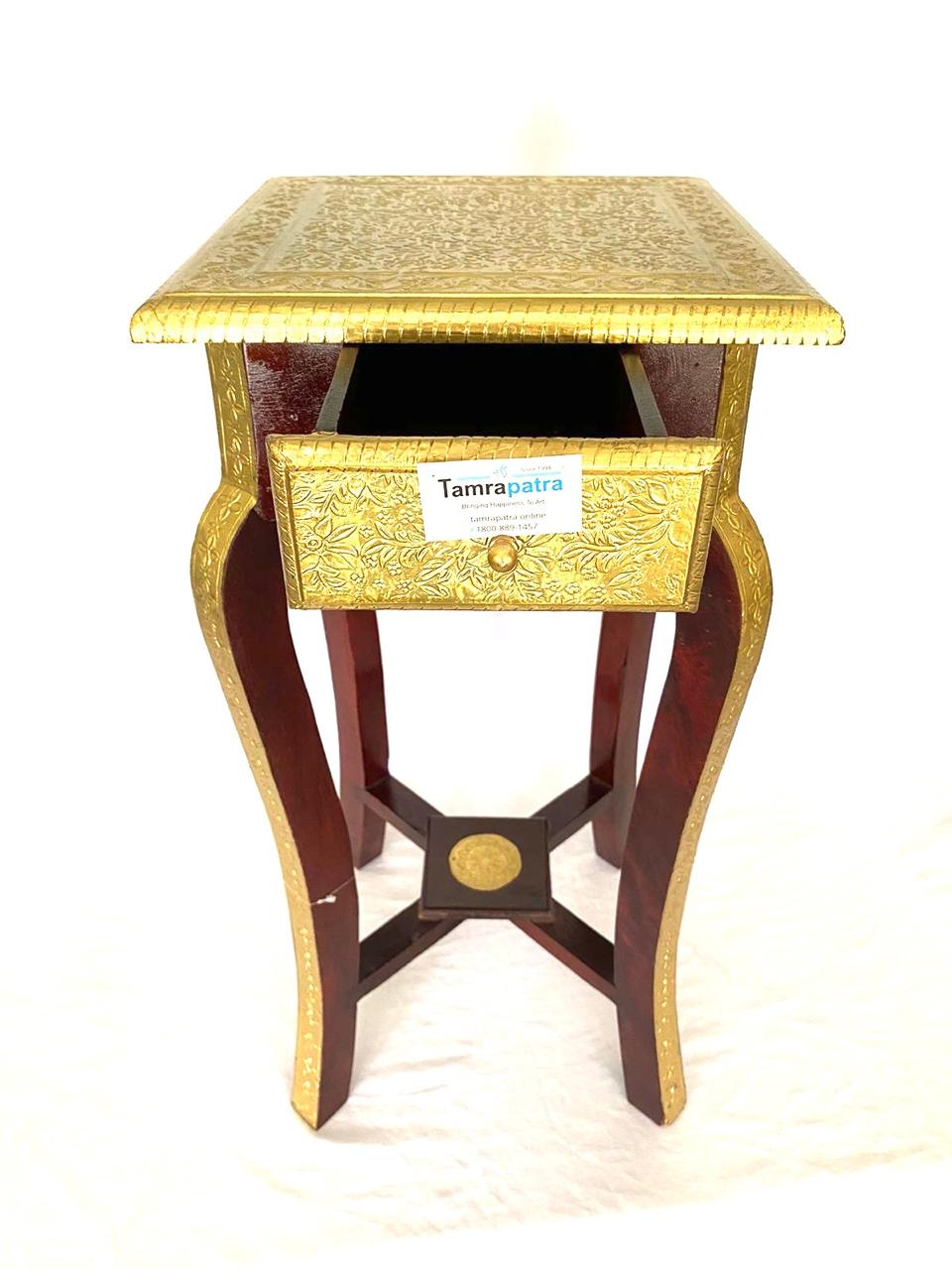 Wooden Sleek & Stylish Wooden Brass Stool For Corner With Drawer By Tamrapatra