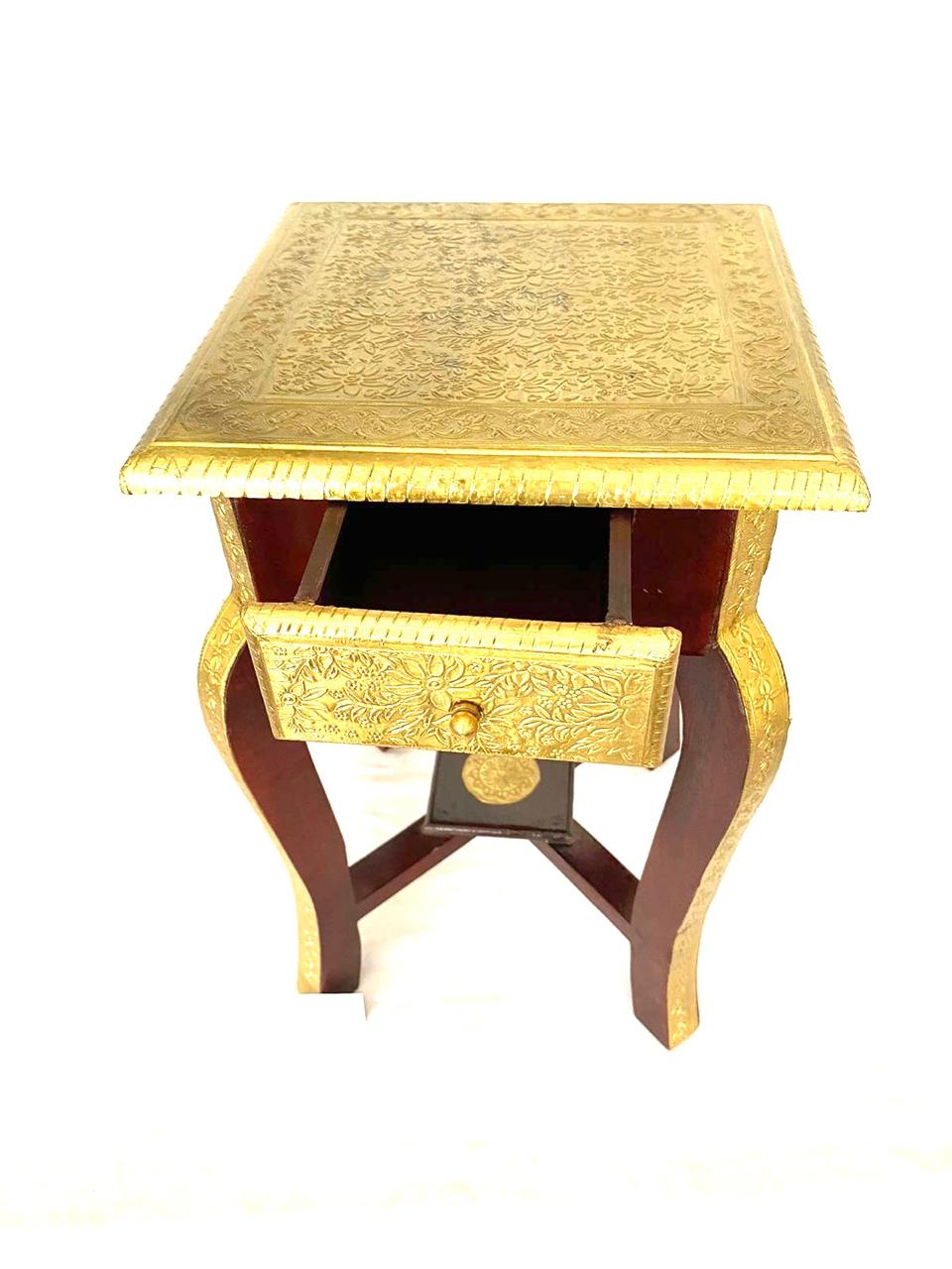 Wooden Sleek & Stylish Wooden Brass Stool For Corner With Drawer By Tamrapatra