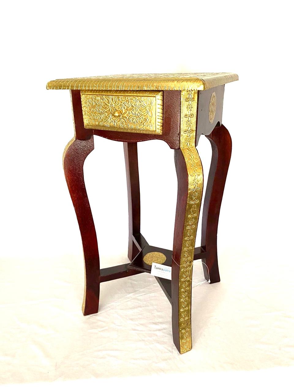 Wooden Sleek & Stylish Wooden Brass Stool For Corner With Drawer By Tamrapatra