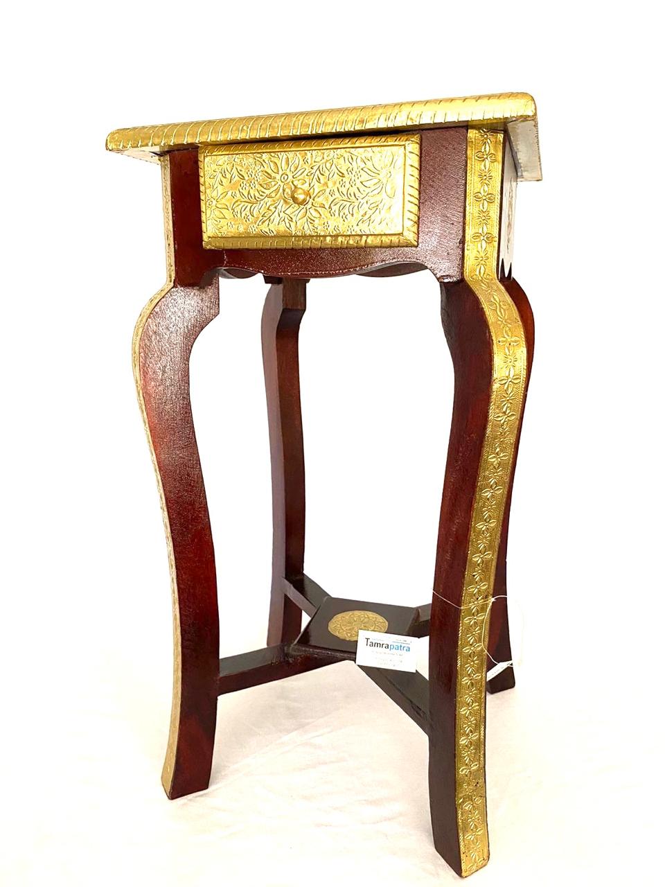 Wooden Sleek & Stylish Wooden Brass Stool For Corner With Drawer By Tamrapatra