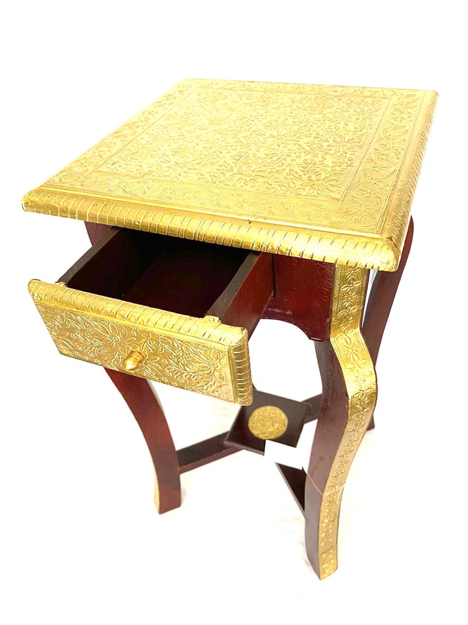 Wooden Sleek & Stylish Wooden Brass Stool For Corner With Drawer By Tamrapatra