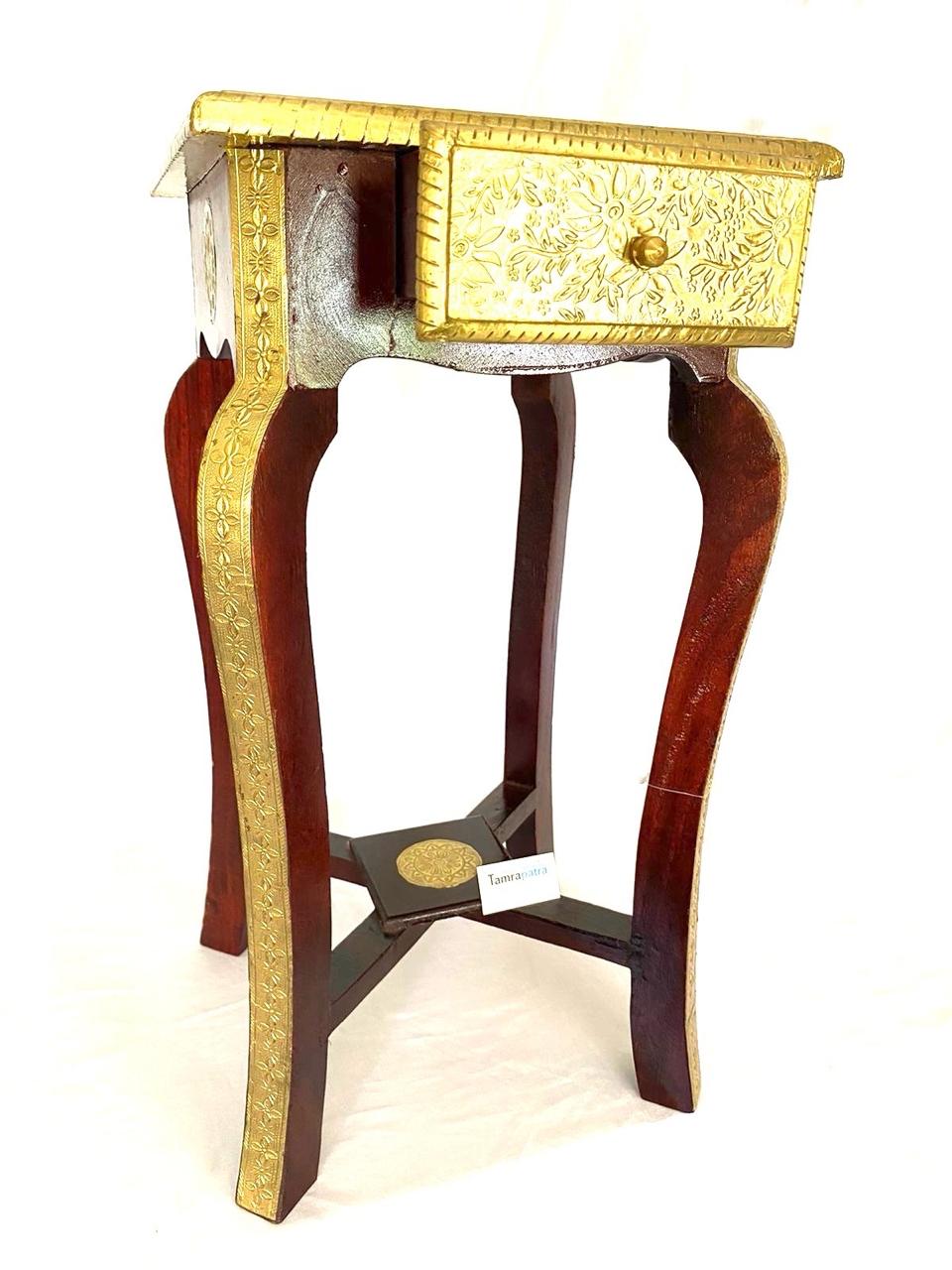 Wooden Sleek & Stylish Wooden Brass Stool For Corner With Drawer By Tamrapatra