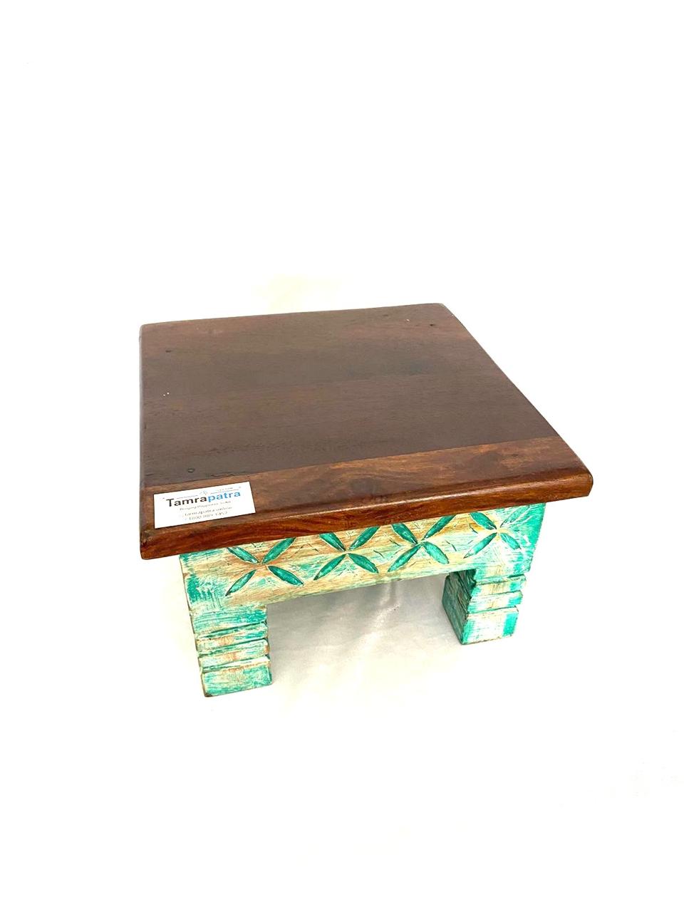 Wooden Square Rustic Finish Bajoth Stool Furniture Exclusively Available Tamrapatra