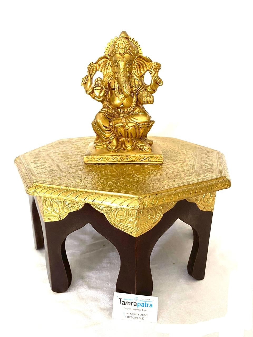 Round Octagon Shaped Brass Foiled Furniture Stool Handcrafted From Tamrapatra