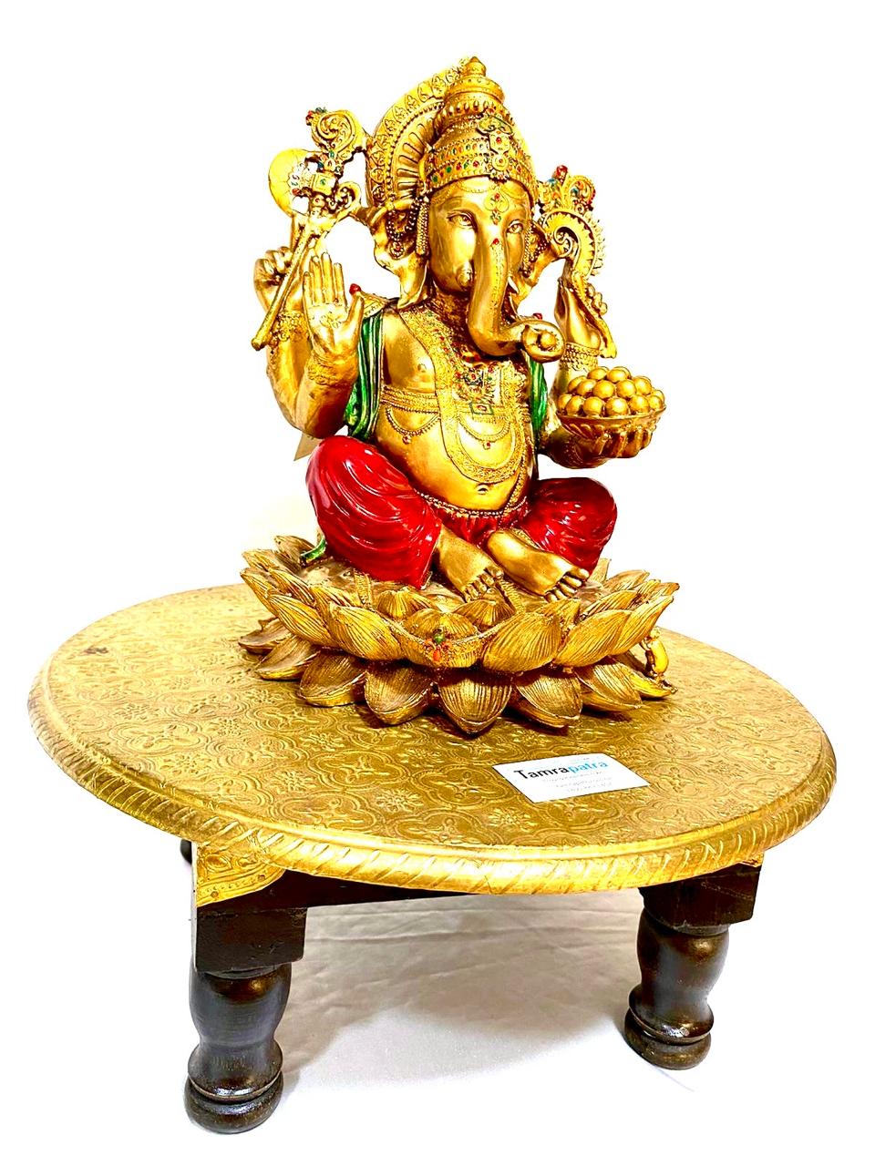 Round Octagon Shaped Brass Foiled Furniture Stool Handcrafted From Tamrapatra