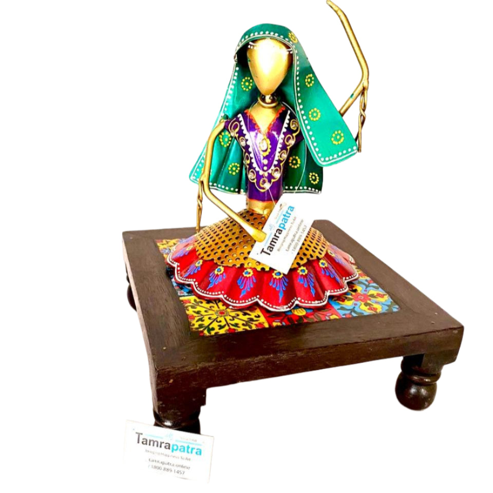 Wooden Stool With Blue Pottery Tiles Exclusive Furniture Collection From Tamrapatra