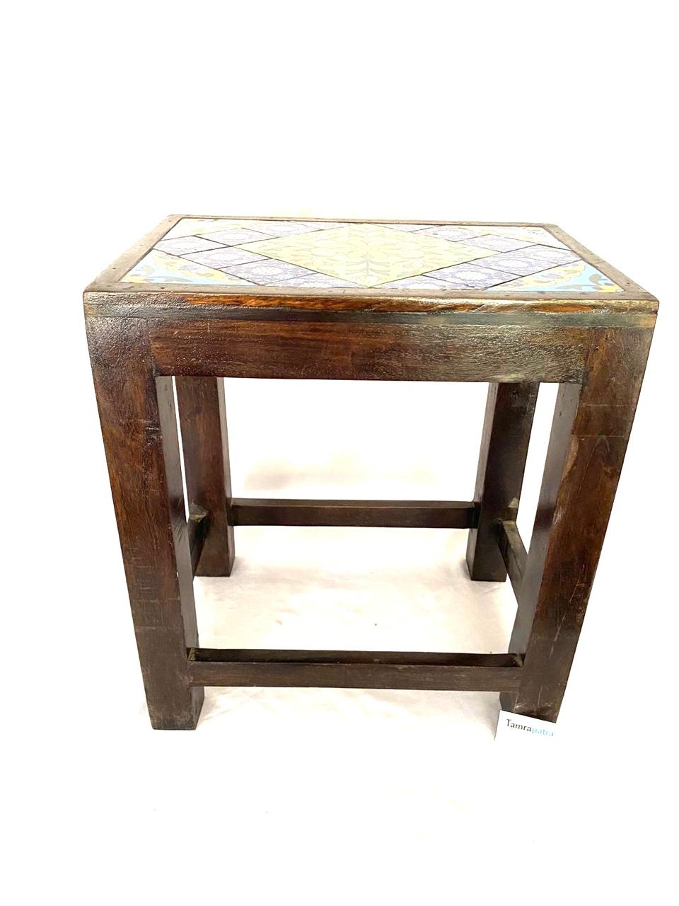 Nester Stool With Blue Pottery Tiles Handmade Wooden Art & Craft By Tamrapatra
